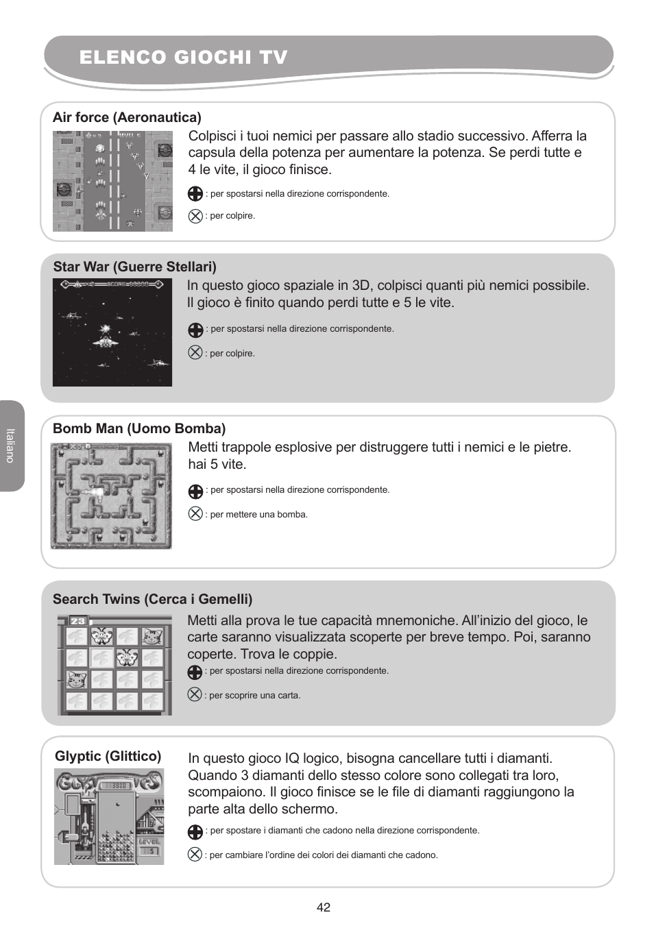 Elenco giochi tv | Lexibook IG10 User Manual | Page 42 / 74