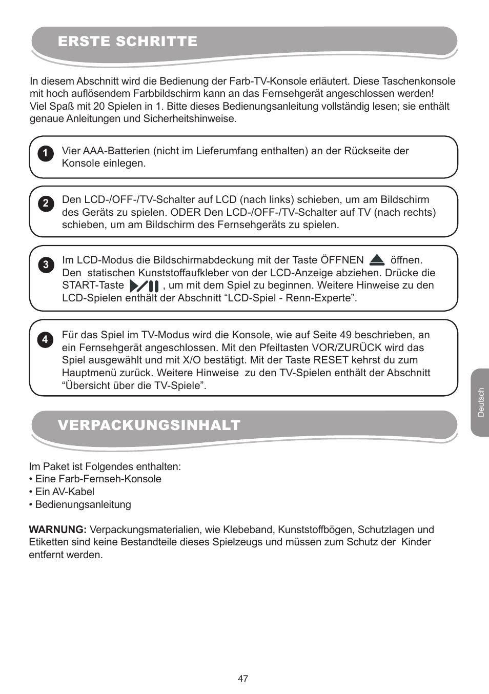 Erste schritte, Verpackungsinhalt | Lexibook IG10 User Manual | Page 47 / 74