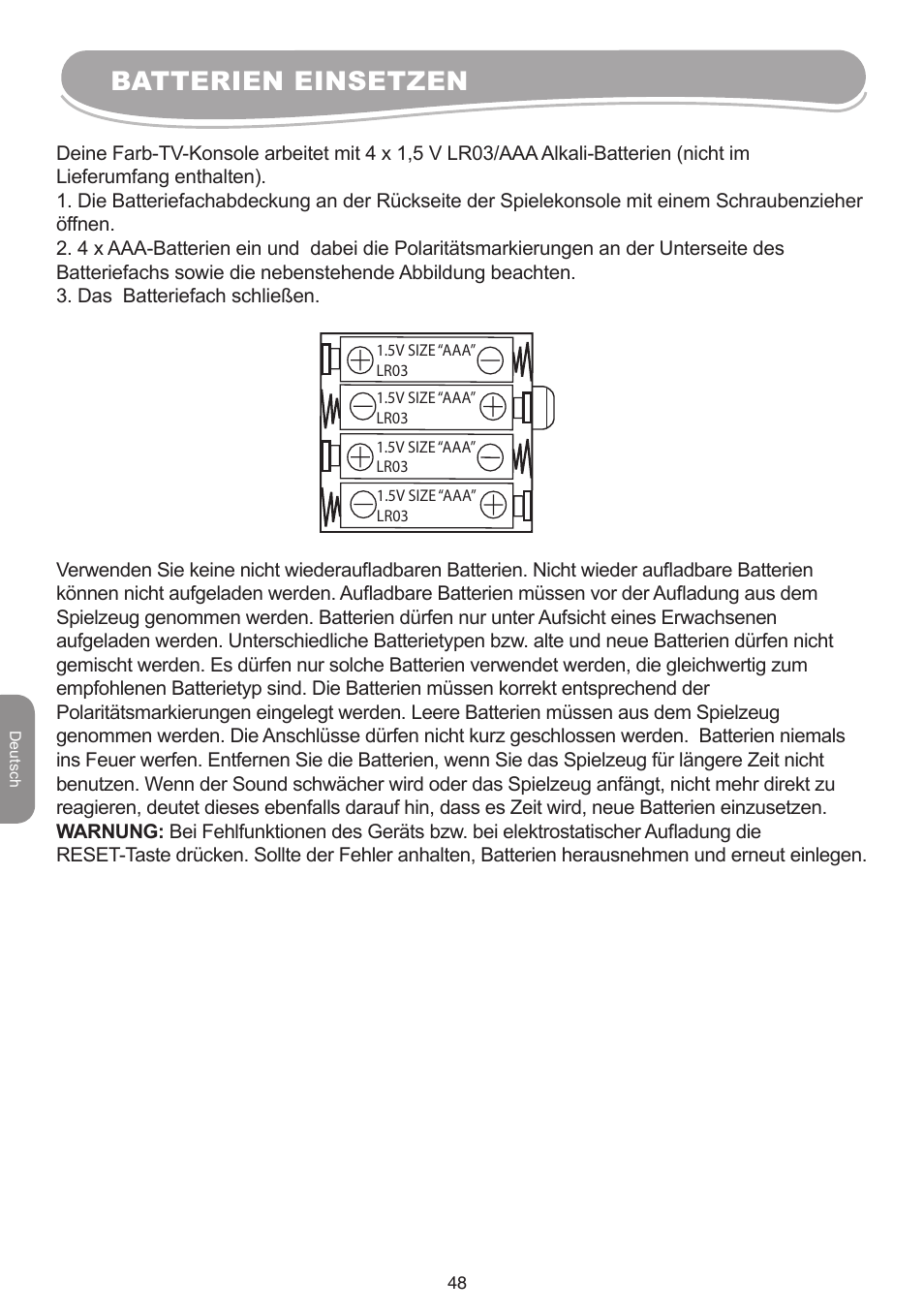 Batterien einsetzen | Lexibook IG10 User Manual | Page 48 / 74