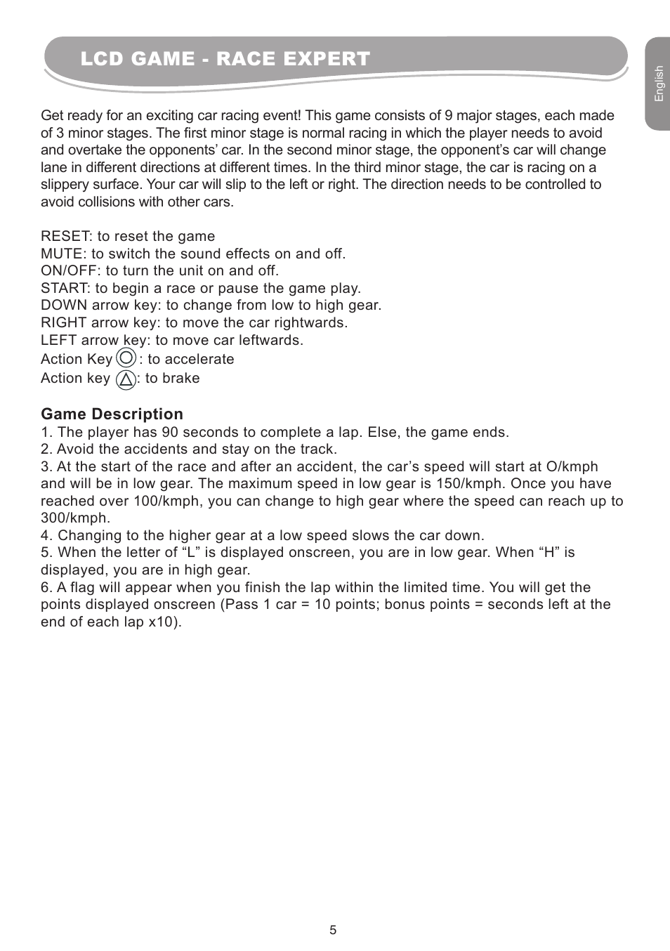 Lcd game - race expert | Lexibook IG10 User Manual | Page 5 / 74