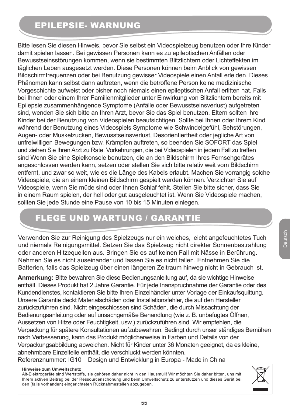 Epilepsie- warnung flege und wartung / garantie | Lexibook IG10 User Manual | Page 55 / 74