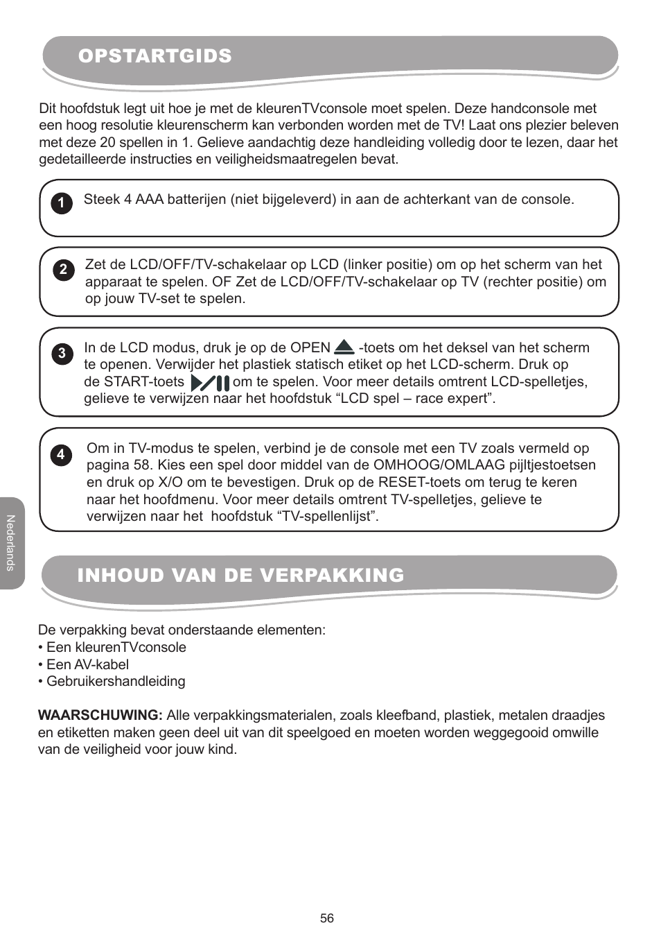 Opstartgids, Inhoud van de verpakking | Lexibook IG10 User Manual | Page 56 / 74