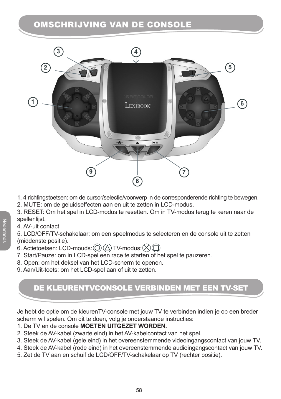 Omschrijving van de console, De kleurentvconsole verbinden met een tv-set | Lexibook IG10 User Manual | Page 58 / 74