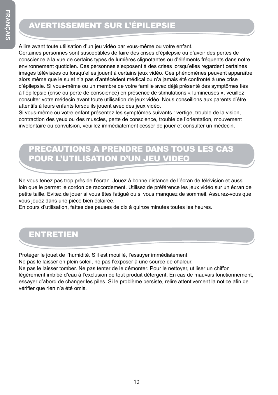 Avertissement sur l’épilepsie, Entretien | Lexibook JG6000SP User Manual | Page 10 / 86