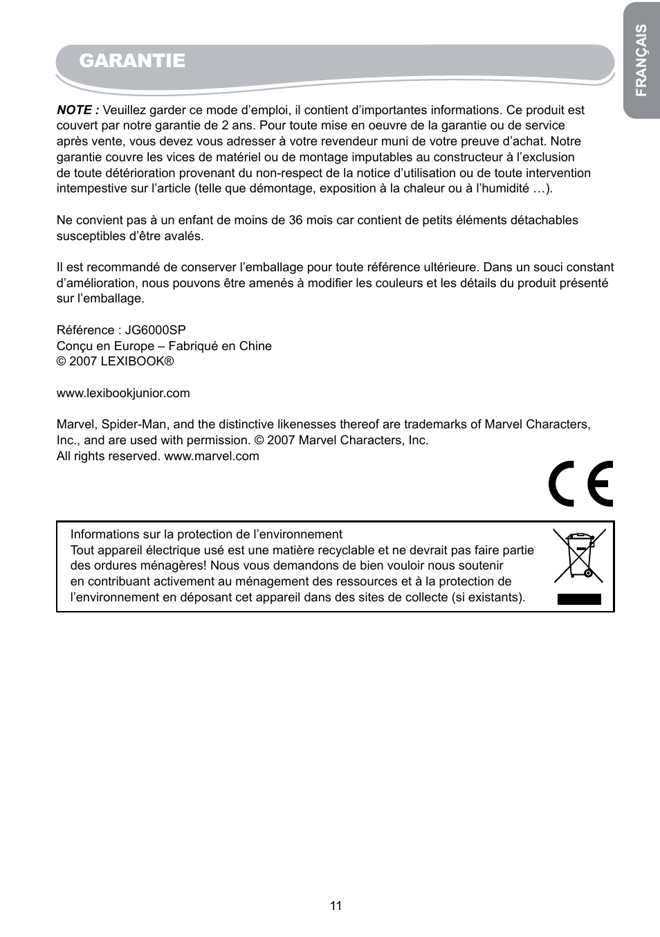 Garantie | Lexibook JG6000SP User Manual | Page 11 / 86