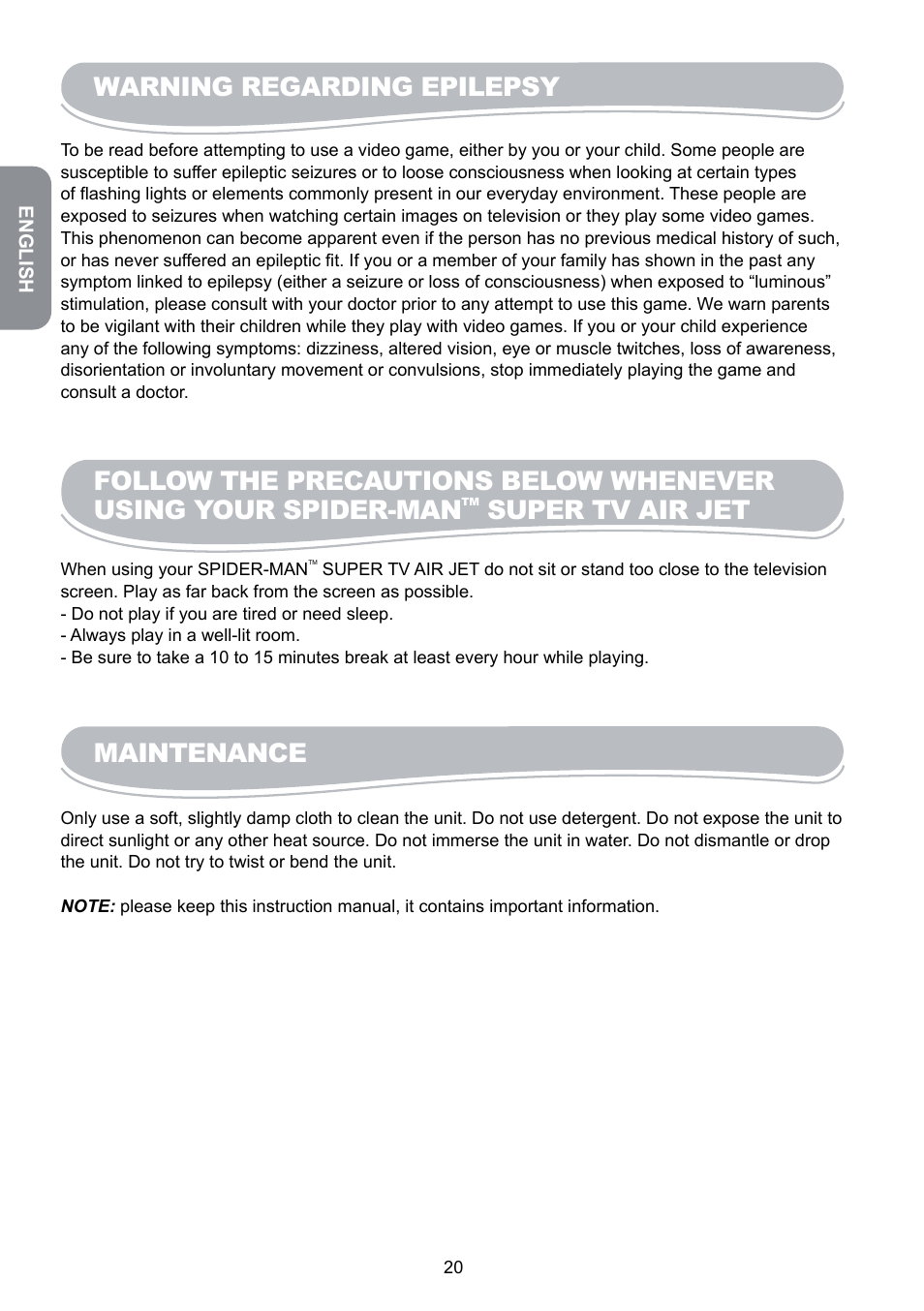 Warning regarding epilepsy, Super tv air jet, Maintenance | Lexibook JG6000SP User Manual | Page 20 / 86