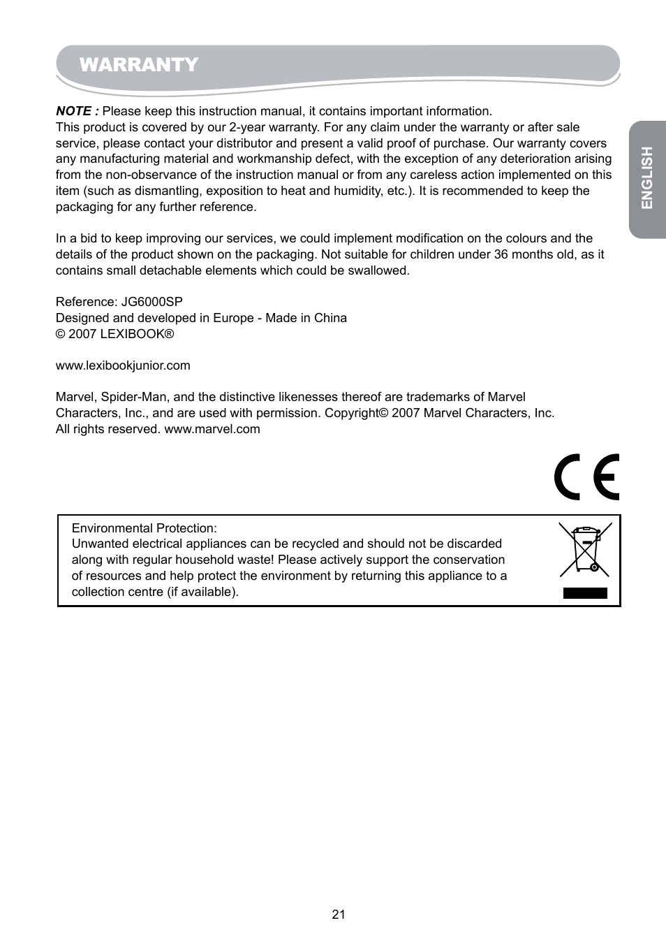 Warranty | Lexibook JG6000SP User Manual | Page 21 / 86