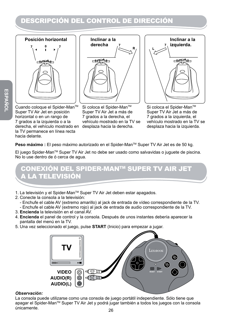 Descripción del control de dirección, Conexión del spider-man, Super tv air jet a la televisión | Lexibook JG6000SP User Manual | Page 26 / 86