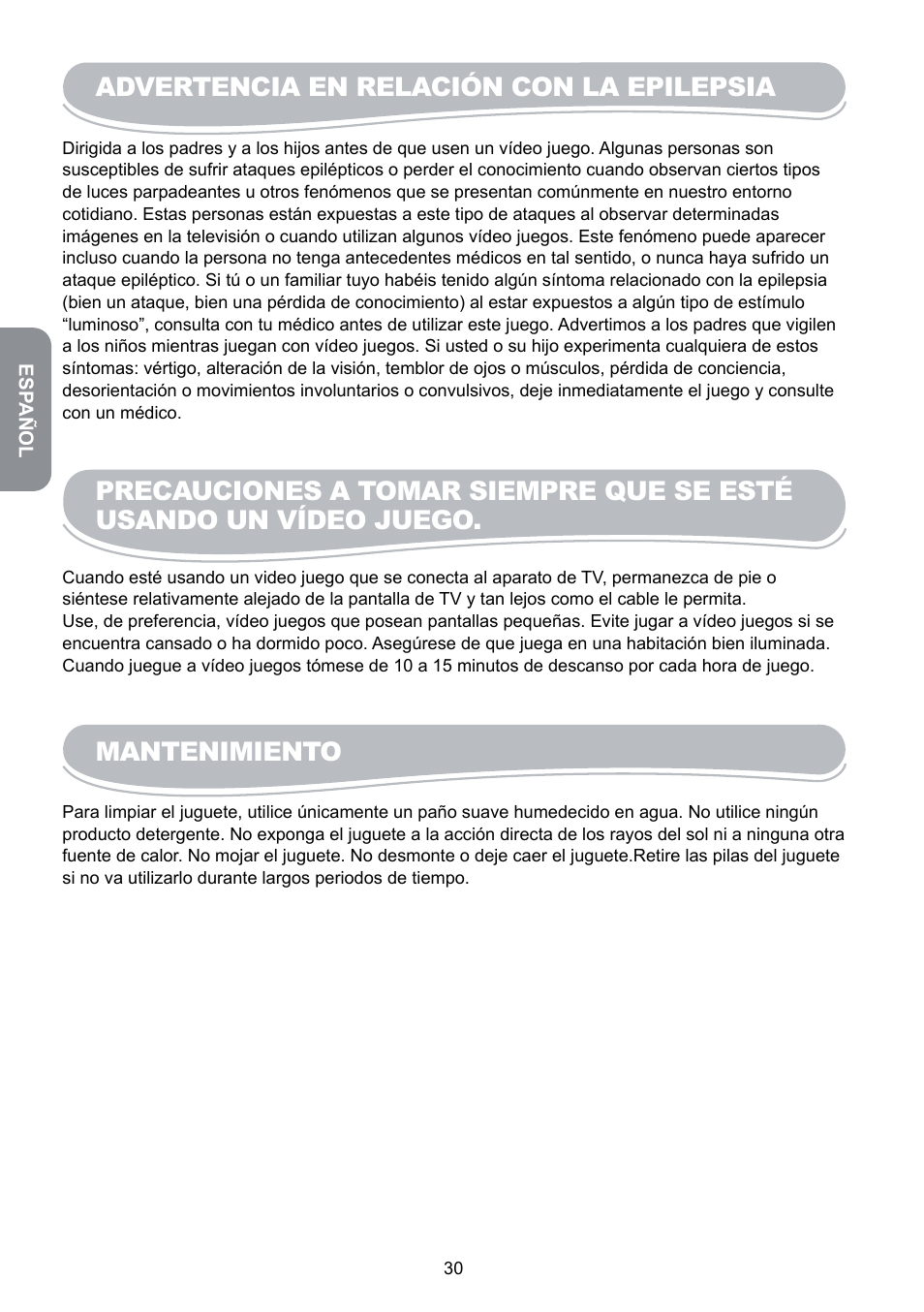 Advertencia en relación con la epilepsia, Mantenimiento | Lexibook JG6000SP User Manual | Page 30 / 86