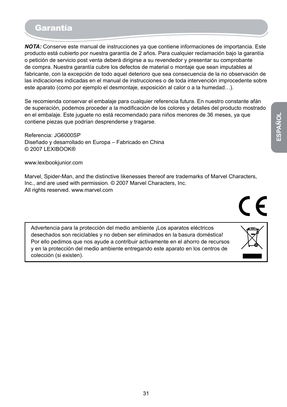 Garantía | Lexibook JG6000SP User Manual | Page 31 / 86