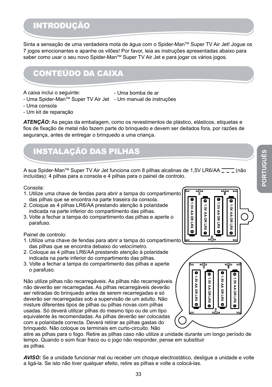 Introdução, Conteúdo da caixa, Instalação das pilhas | Português | Lexibook JG6000SP User Manual | Page 33 / 86