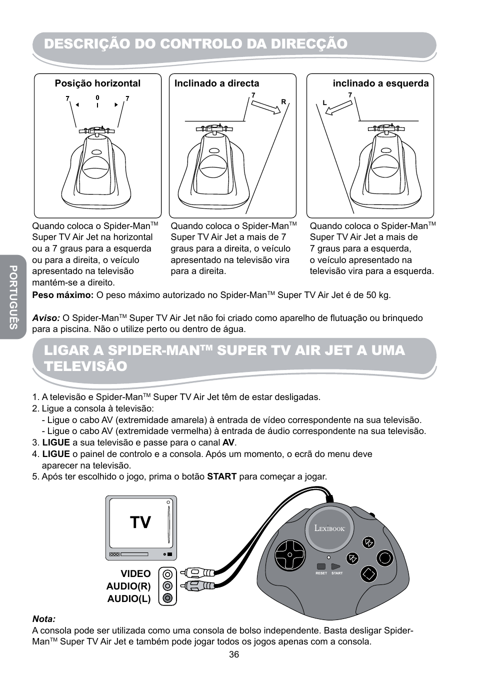 Descrição do controlo da direcção, Ligar a spider-man, Super tv air jet a uma televisão | Lexibook JG6000SP User Manual | Page 36 / 86