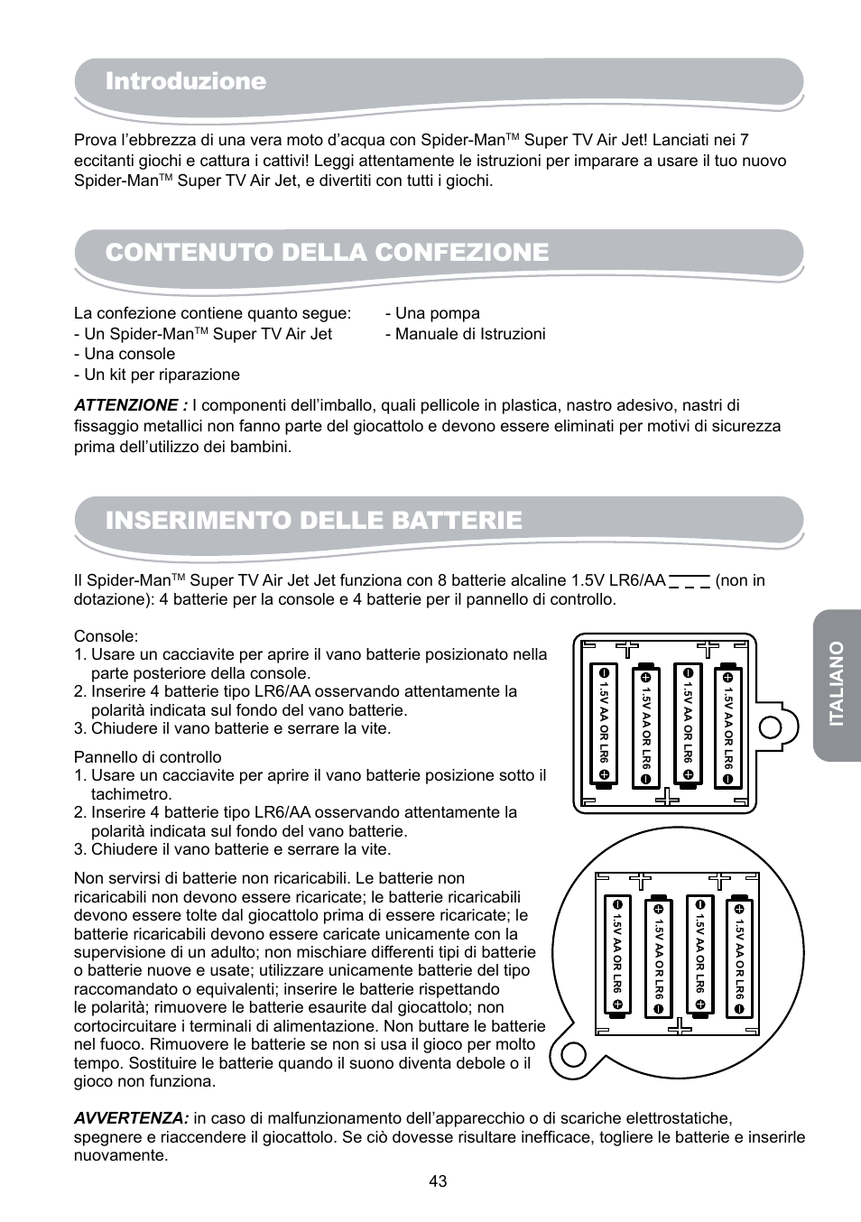 Introduzione, Contenuto della confezione, Inserimento delle batterie | It aliano | Lexibook JG6000SP User Manual | Page 43 / 86