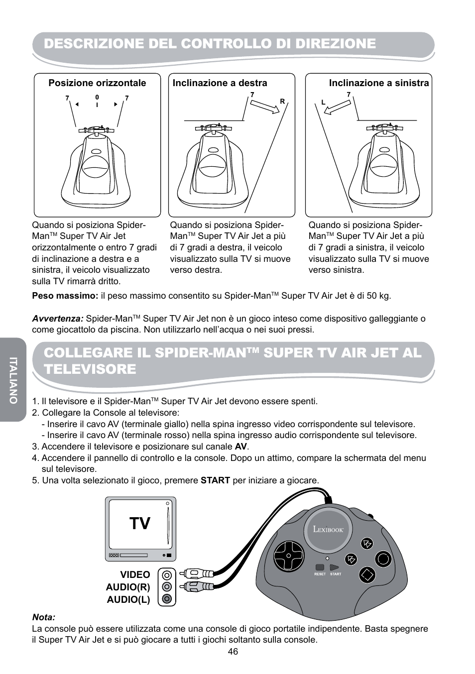 Descrizione del controllo di direzione, Collegare il spider-man, Super tv air jet al televisore | Lexibook JG6000SP User Manual | Page 46 / 86