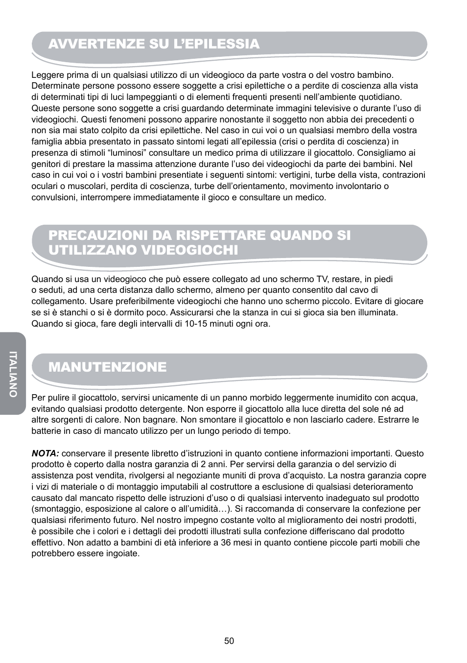 Avvertenze su l’epilessia, Manutenzione | Lexibook JG6000SP User Manual | Page 50 / 86