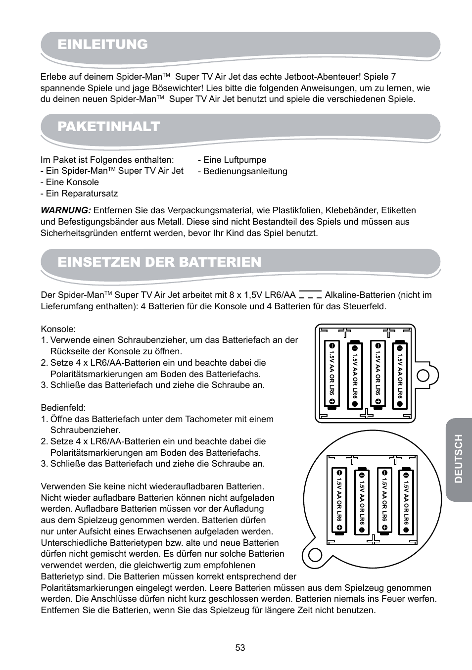 Einleitung, Paketinhalt, Einsetzen der batterien | Deutsch | Lexibook JG6000SP User Manual | Page 53 / 86