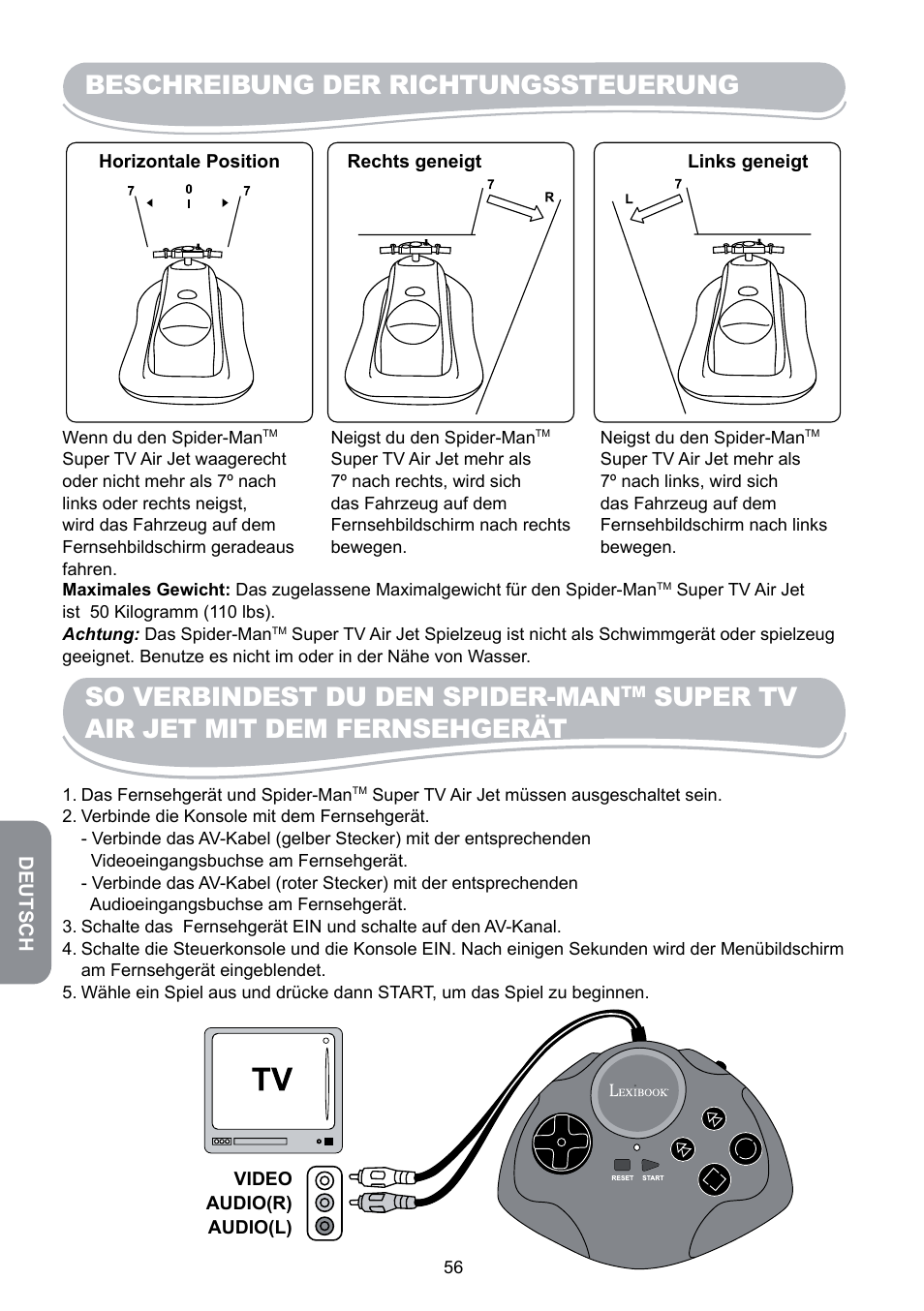 Beschreibung der richtungssteuerung, So verbindest du den spider-man, Super tv air jet mit dem fernsehgerät | Lexibook JG6000SP User Manual | Page 56 / 86