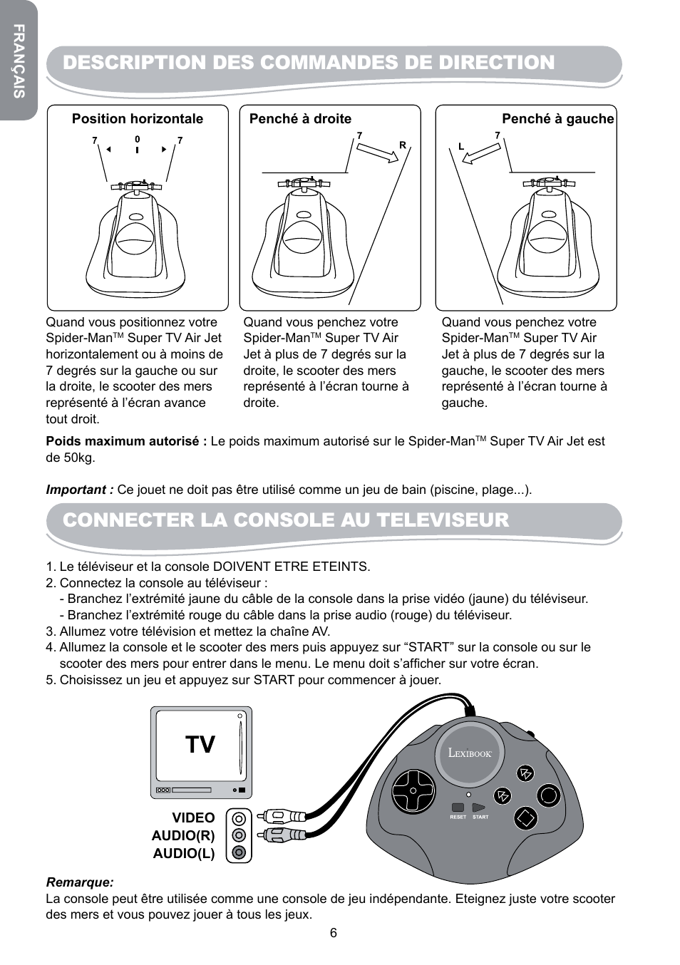 Description des commandes de direction, Connecter la console au televiseur | Lexibook JG6000SP User Manual | Page 6 / 86