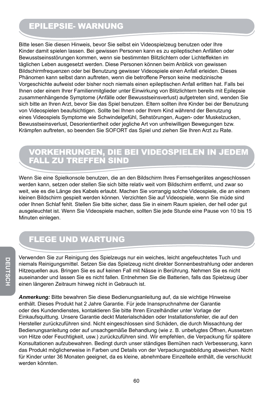 Epilepsie- warnung, Flege und wartung | Lexibook JG6000SP User Manual | Page 60 / 86
