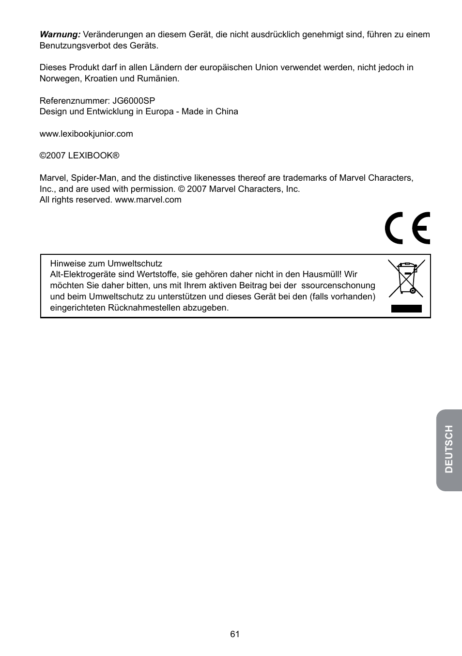 Lexibook JG6000SP User Manual | Page 61 / 86