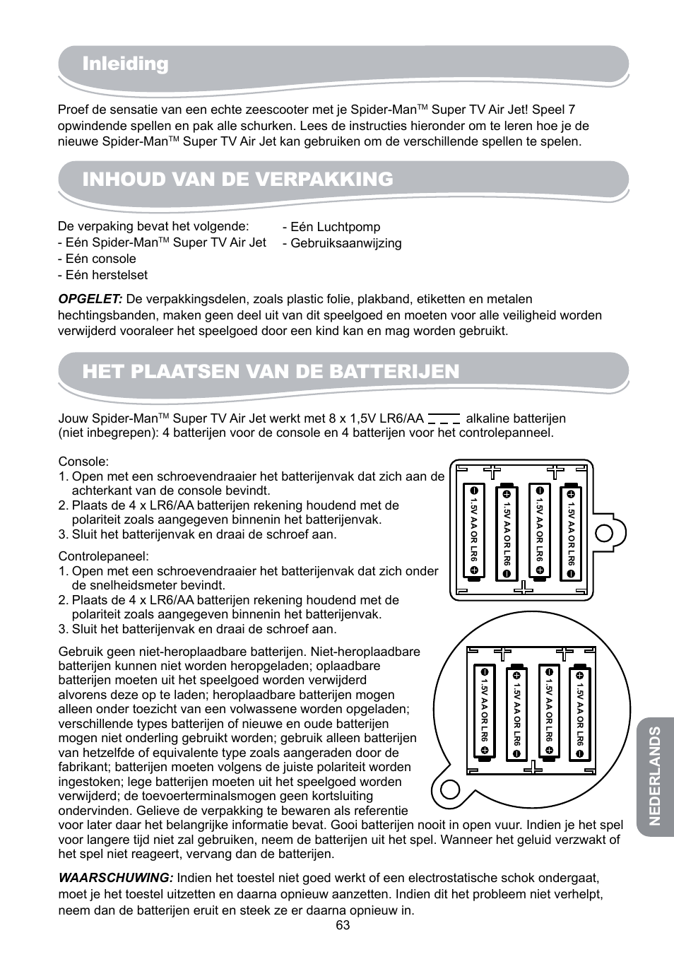 Inleiding, Inhoud van de verpakking, Het plaatsen van de batterijen | Nederlands | Lexibook JG6000SP User Manual | Page 63 / 86