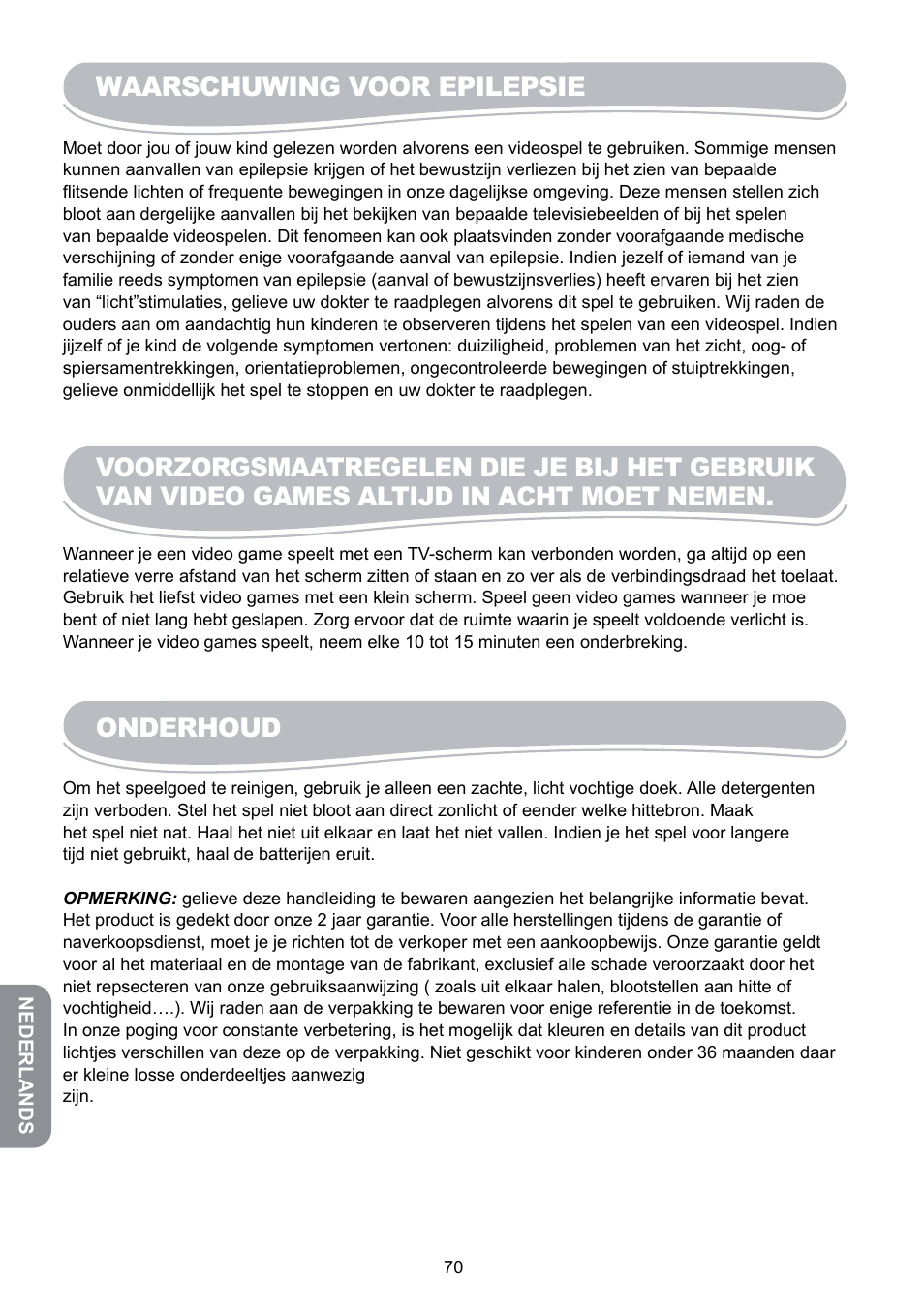 Waarschuwing voor epilepsie, Onderhoud | Lexibook JG6000SP User Manual | Page 70 / 86