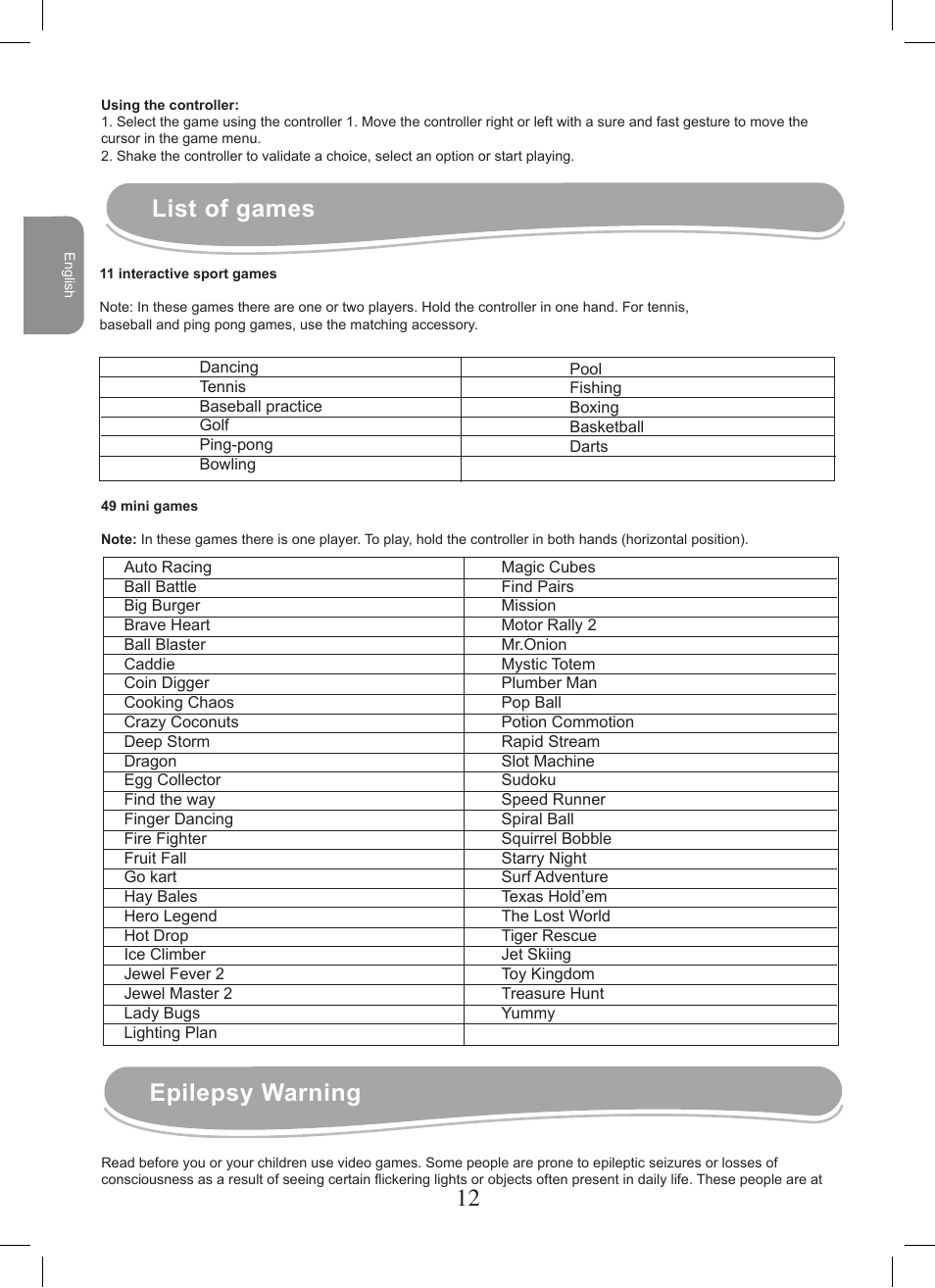 List of games, Epilepsy warning | Lexibook JG7400 User Manual | Page 12 / 42