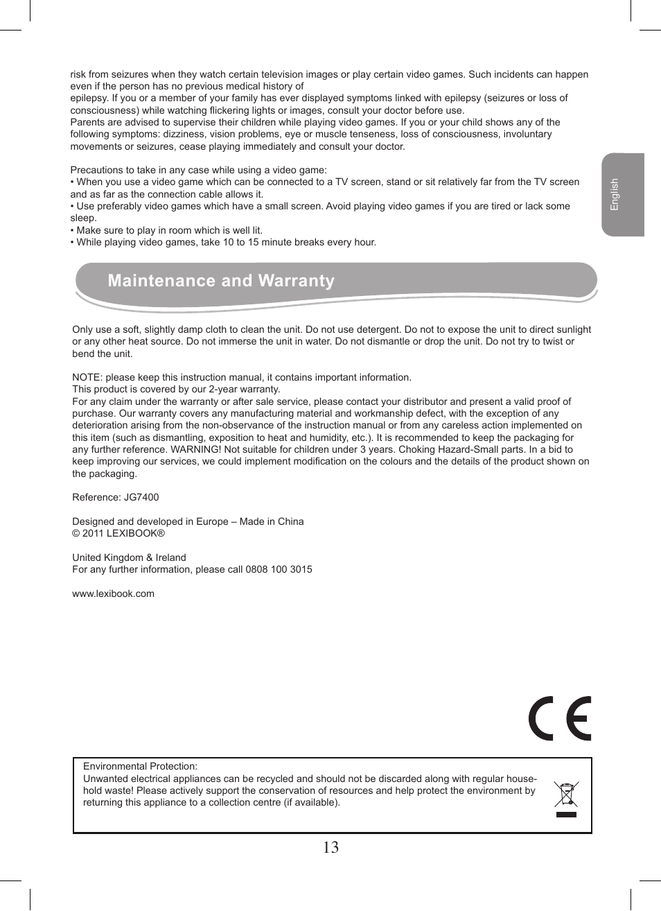 Maintenance and warranty | Lexibook JG7400 User Manual | Page 13 / 42