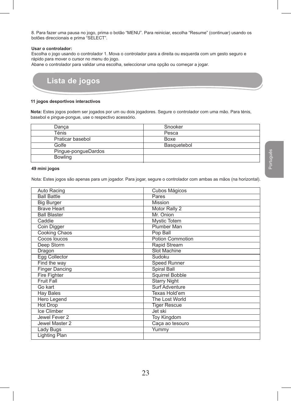 Lista de jogos | Lexibook JG7400 User Manual | Page 23 / 42