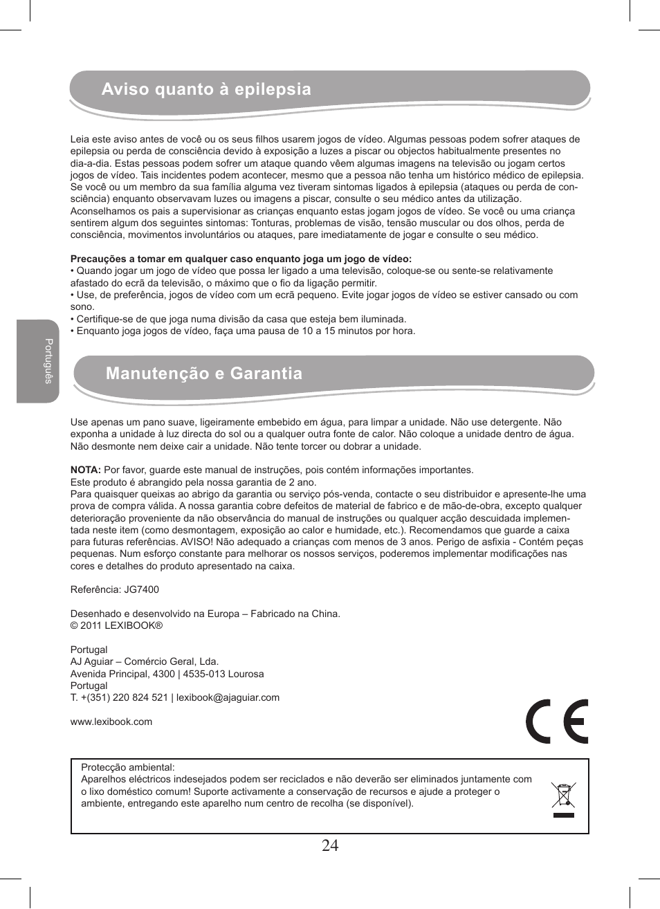 24 25 aviso quanto à epilepsia, Manutenção e garantia | Lexibook JG7400 User Manual | Page 24 / 42