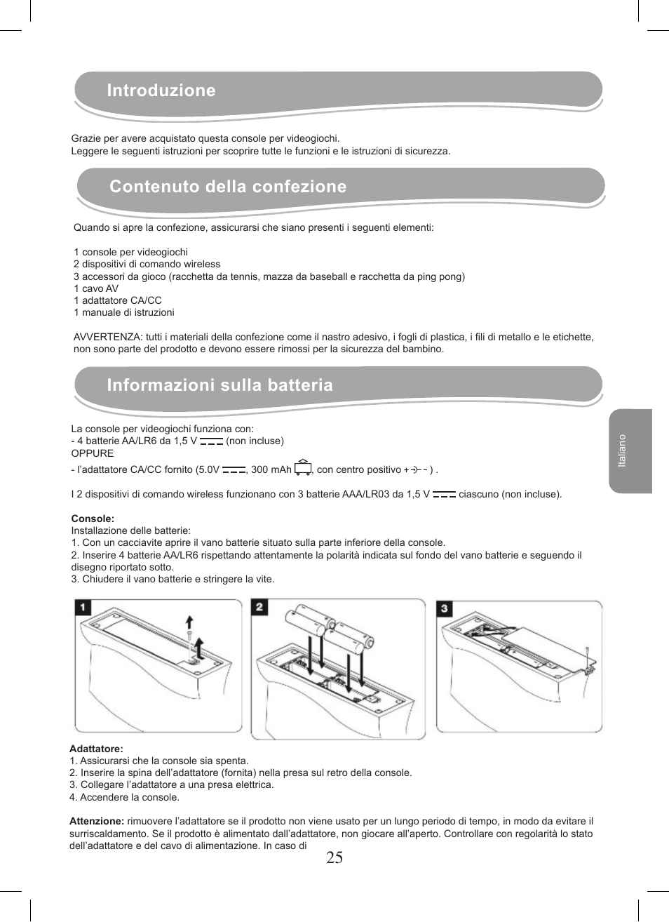 Introduzione contenuto della confezione, Informazioni sulla batteria | Lexibook JG7400 User Manual | Page 25 / 42