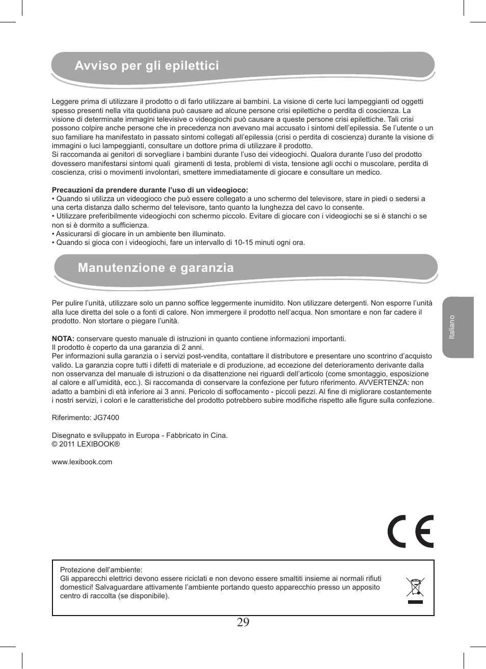 28 29 avviso per gli epilettici, Manutenzione e garanzia | Lexibook JG7400 User Manual | Page 29 / 42