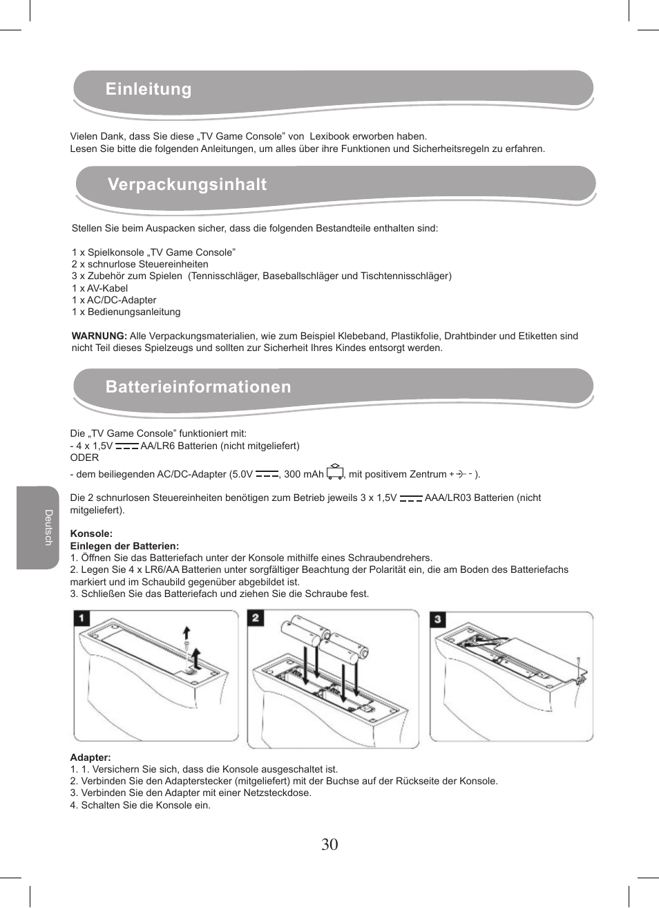 Einleitung verpackungsinhalt, Batterieinformationen | Lexibook JG7400 User Manual | Page 30 / 42