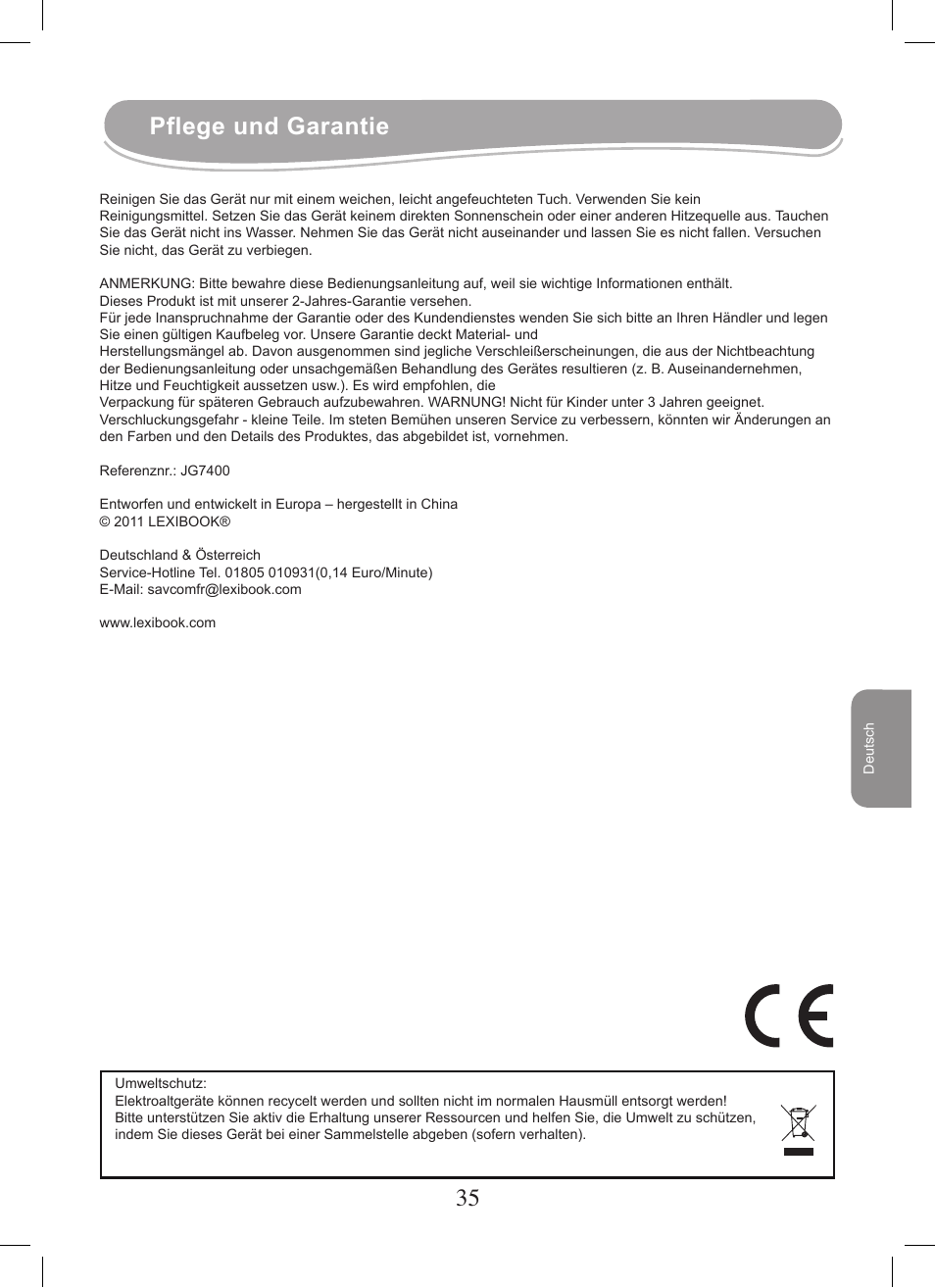 Pflege und garantie | Lexibook JG7400 User Manual | Page 35 / 42