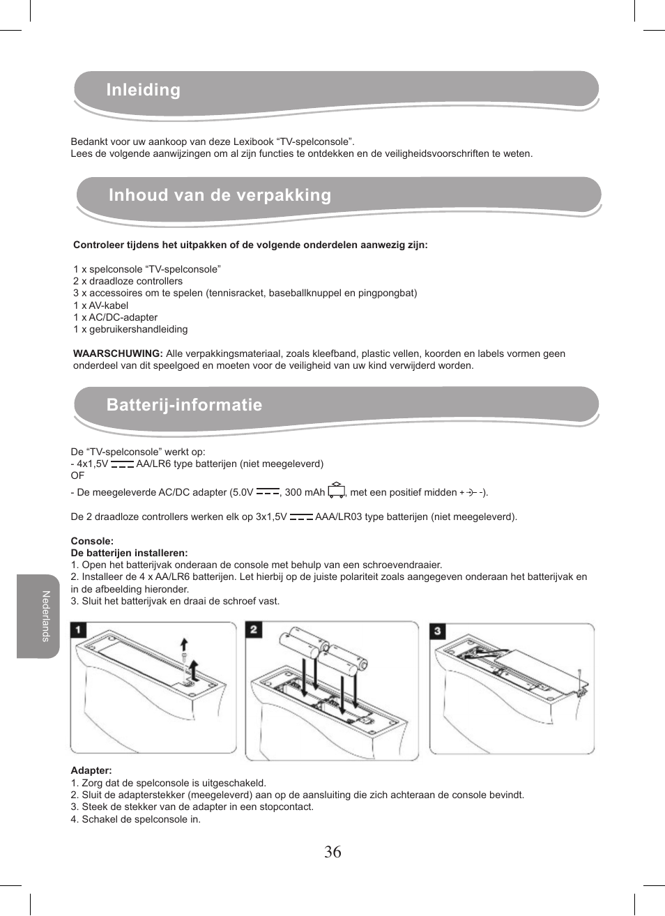 Inleiding inhoud van de verpakking, Batterij-informatie | Lexibook JG7400 User Manual | Page 36 / 42