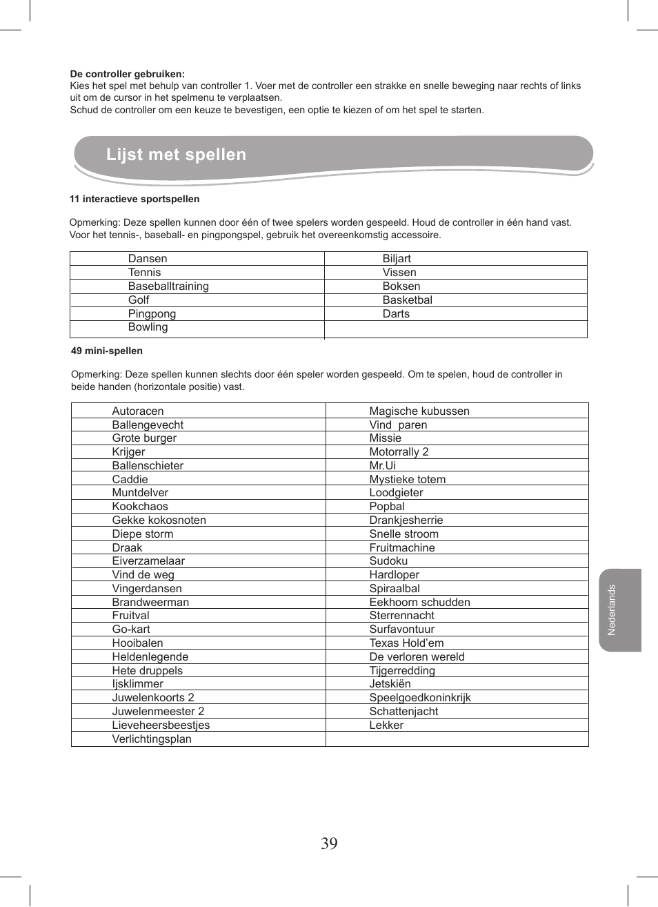 38 39 lijst met spellen | Lexibook JG7400 User Manual | Page 39 / 42