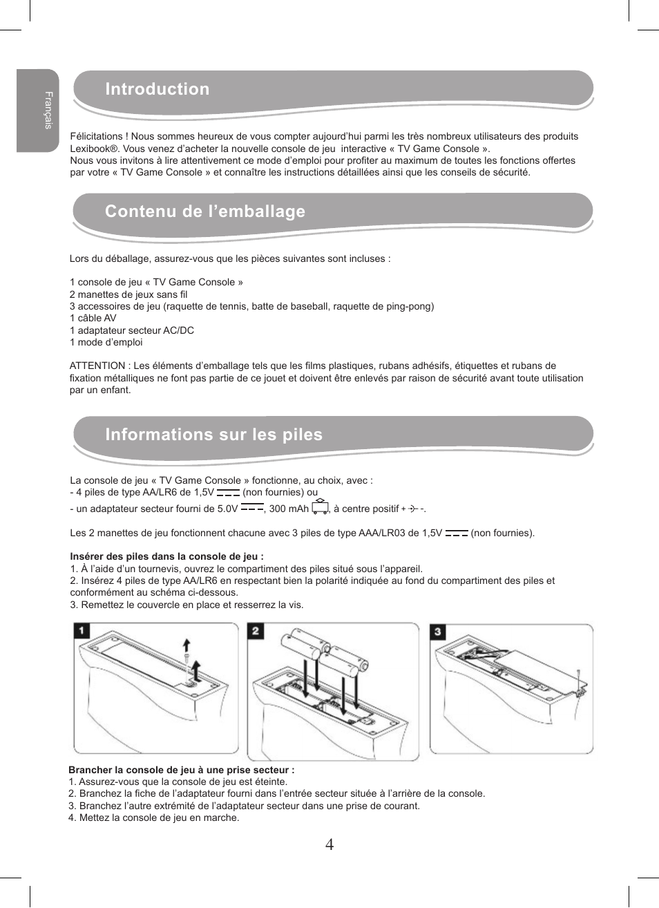 Introduction contenu de l’emballage, Informations sur les piles | Lexibook JG7400 User Manual | Page 4 / 42