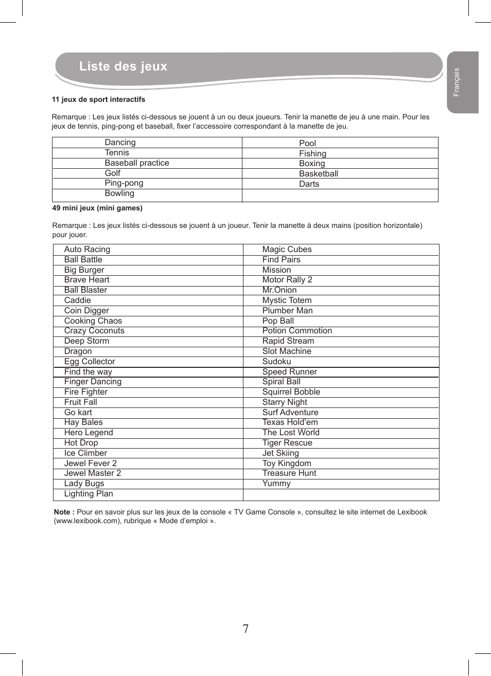 Liste des jeux | Lexibook JG7400 User Manual | Page 7 / 42