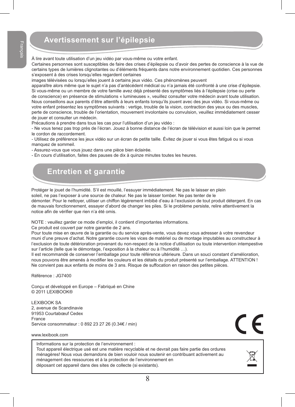 89 avertissement sur l’épilepsie, Entretien et garantie | Lexibook JG7400 User Manual | Page 8 / 42