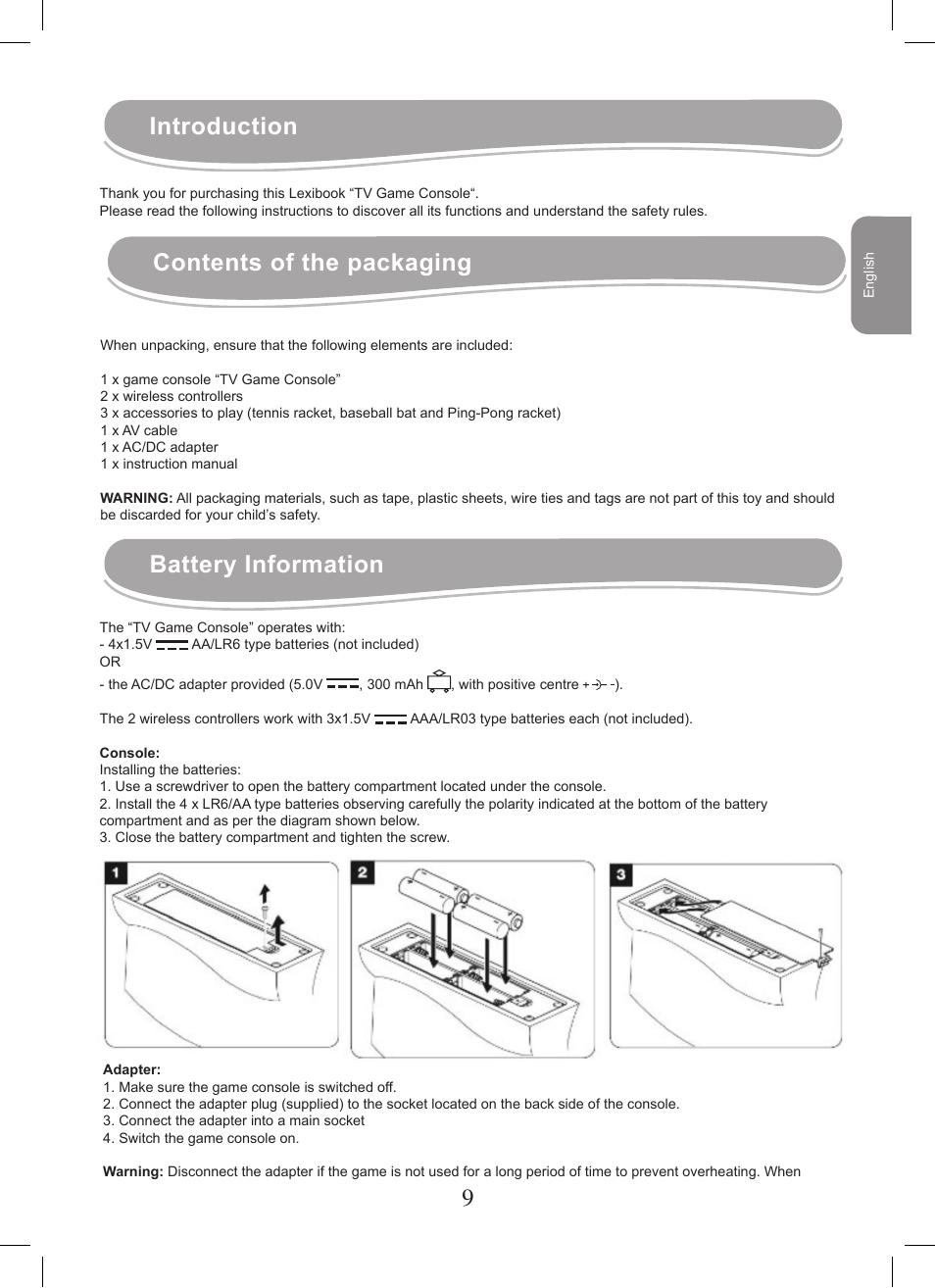Introduction contents of the packaging, Battery information | Lexibook JG7400 User Manual | Page 9 / 42