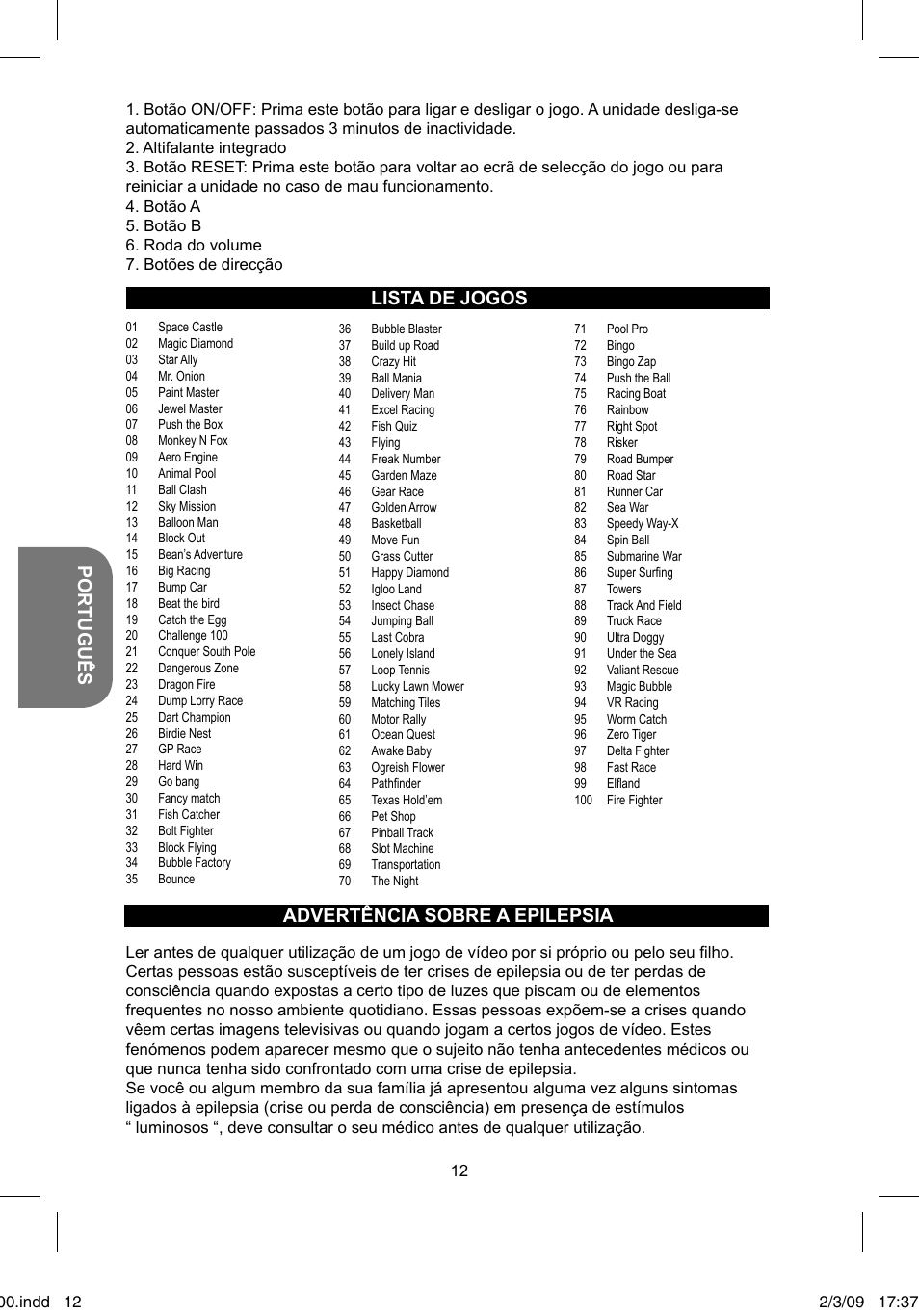 Português, Lista de jogos advertência sobre a epilepsia | Lexibook JL2000 User Manual | Page 12 / 25