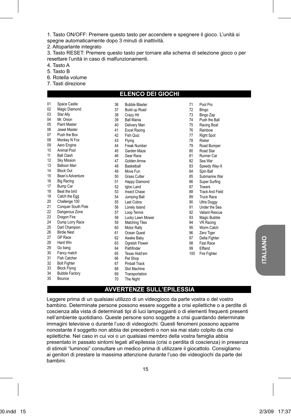 It aliano, Elenco dei giochi avvertenze sull’epilessia | Lexibook JL2000 User Manual | Page 15 / 25