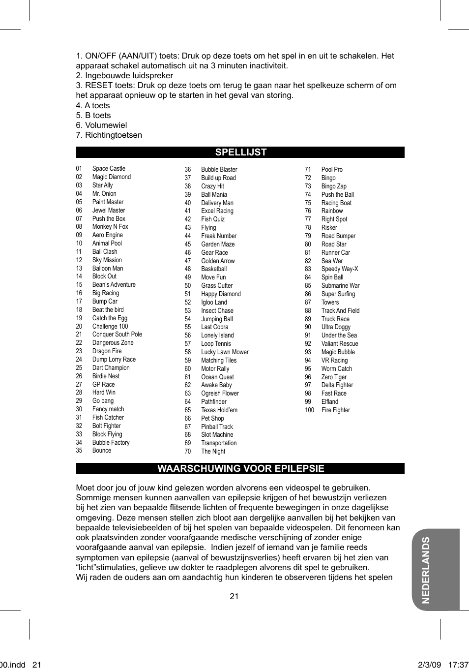 Nederlands, Spellijst waarschuwing voor epilepsie | Lexibook JL2000 User Manual | Page 21 / 25