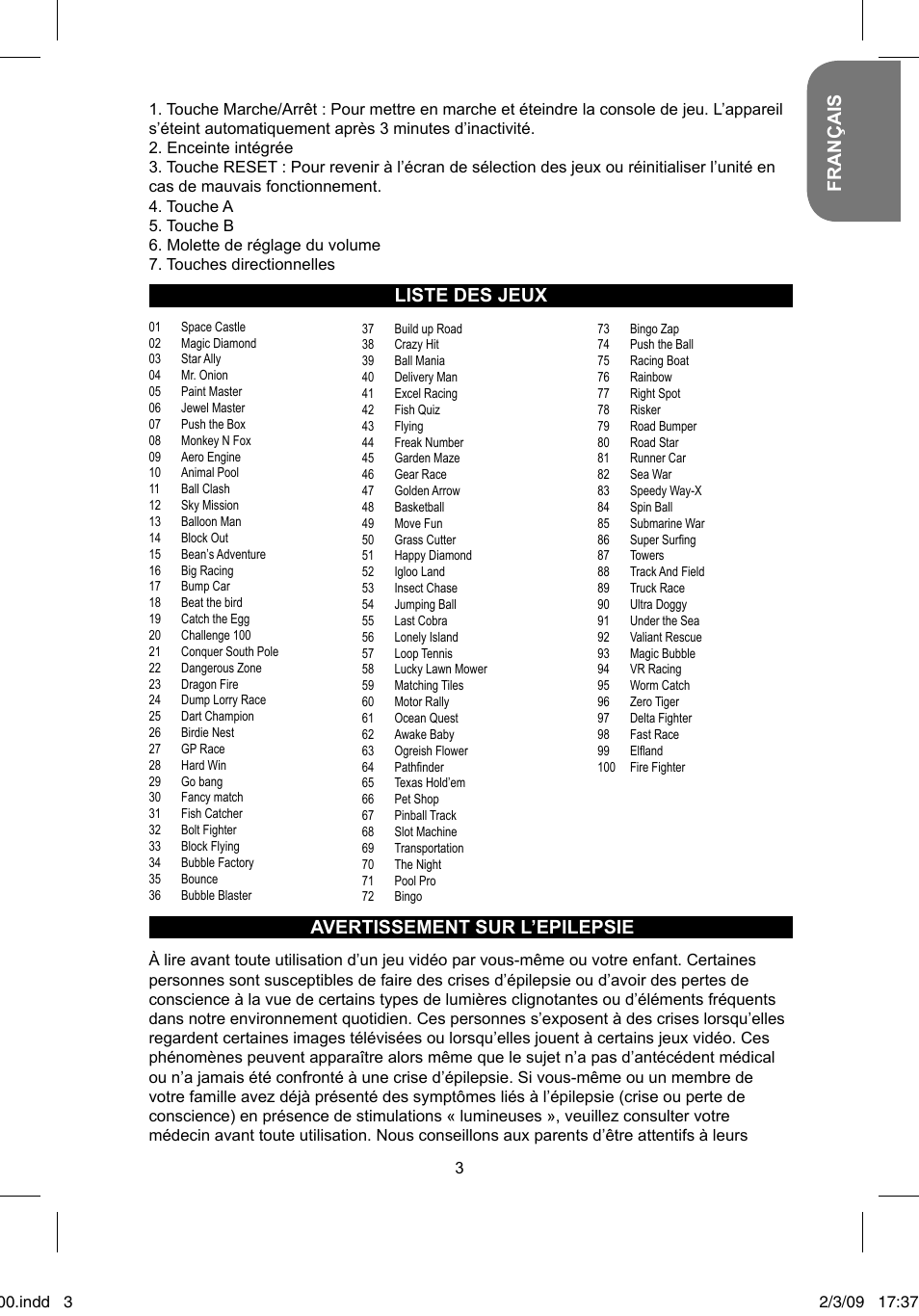 Français, Liste des jeux, Avertissement sur l’epilepsie | Lexibook JL2000 User Manual | Page 3 / 25