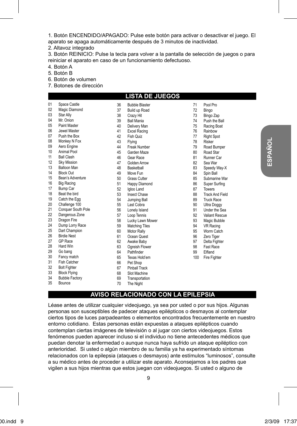 Esp añol, Lista de juegos aviso relacionado con la epilepsia | Lexibook JL2000 User Manual | Page 9 / 25