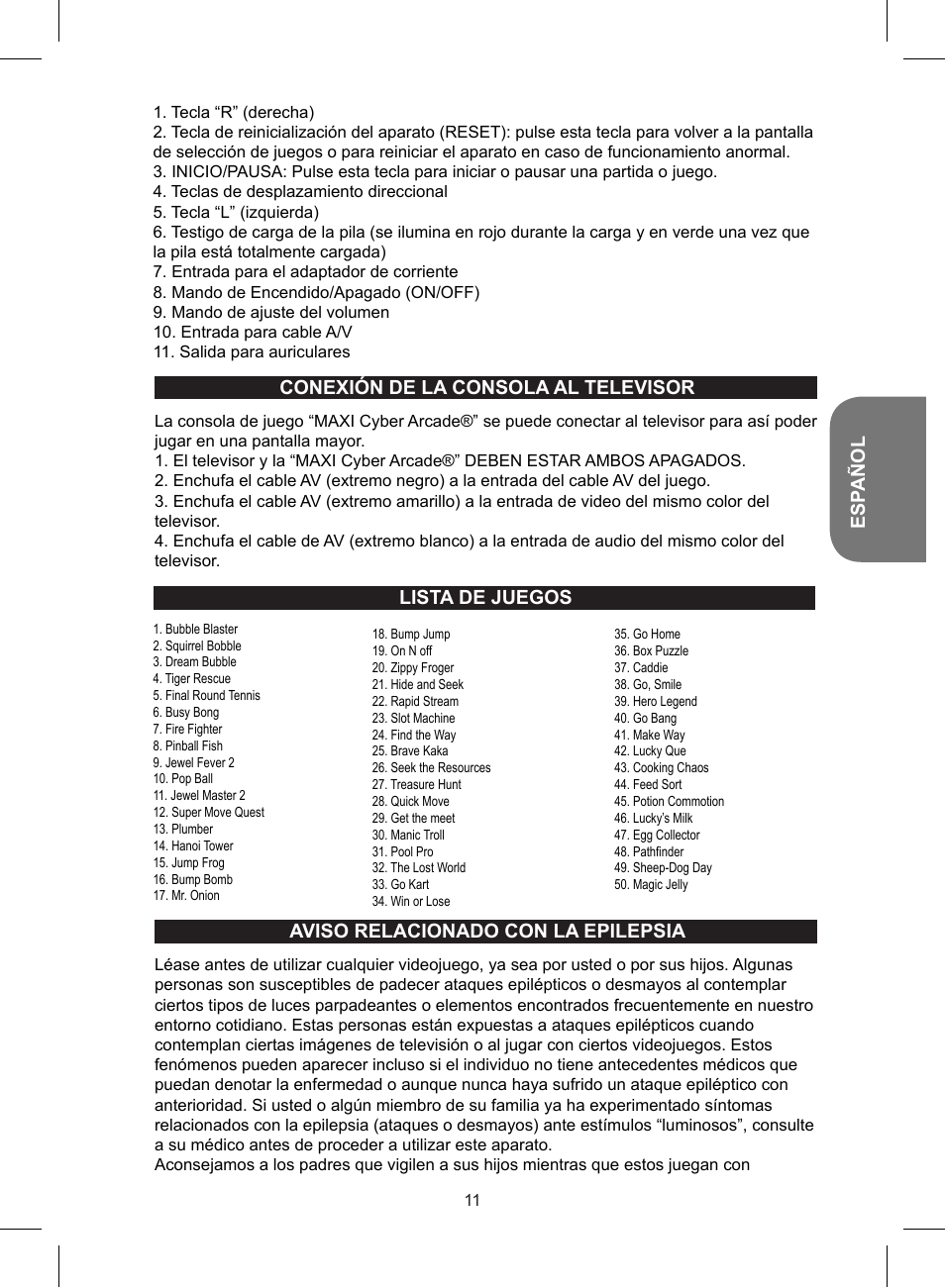 Esp añol, Lista de juegos aviso relacionado con la epilepsia, Conexión de la consola al televisor | Lexibook JL2700 User Manual | Page 11 / 24