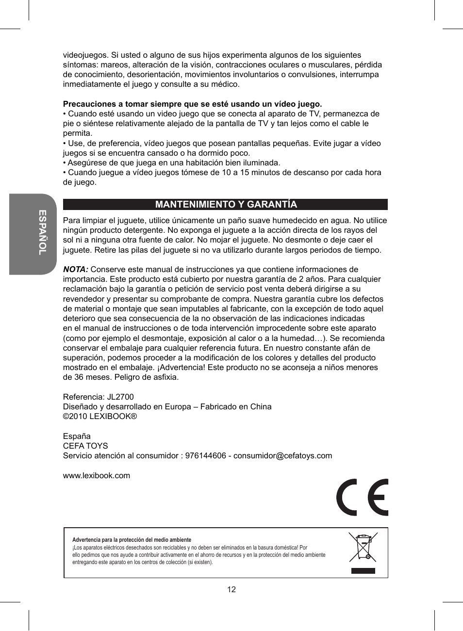 Lexibook JL2700 User Manual | Page 12 / 24