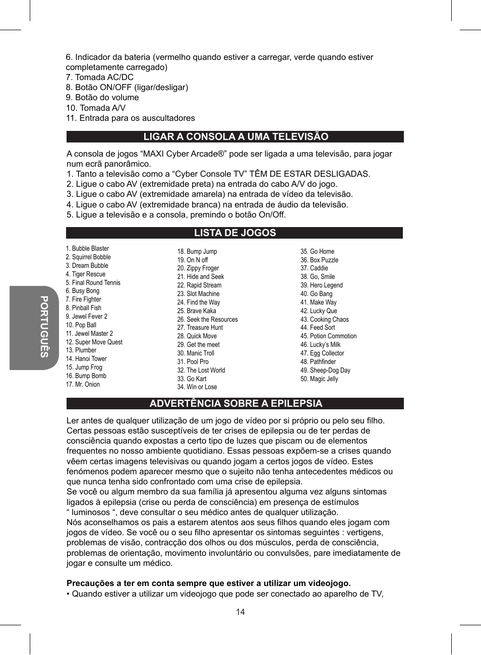 Português, Lista de jogos advertência sobre a epilepsia, Ligar a consola a uma televisão | Lexibook JL2700 User Manual | Page 14 / 24