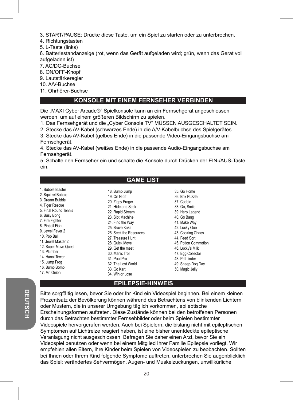 Deutsch, Game list epilepsie-hinweis, Konsole mit einem fernseher verbinden | Lexibook JL2700 User Manual | Page 20 / 24