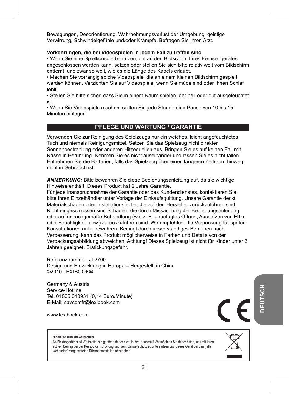 Lexibook JL2700 User Manual | Page 21 / 24